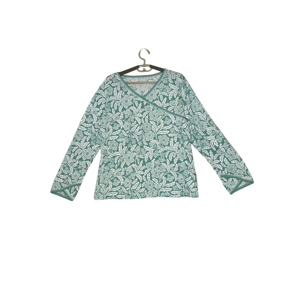 Garnet Hill Green Cotton Floral Faux Wrap Top Teal White Organic Long Sleeve M